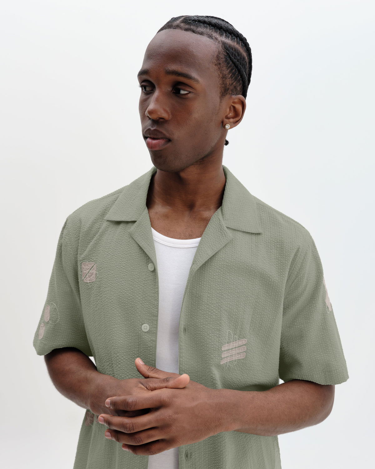 Didcot - Sage And Ecru Scribble Applique Short-Sleeve Shirt
