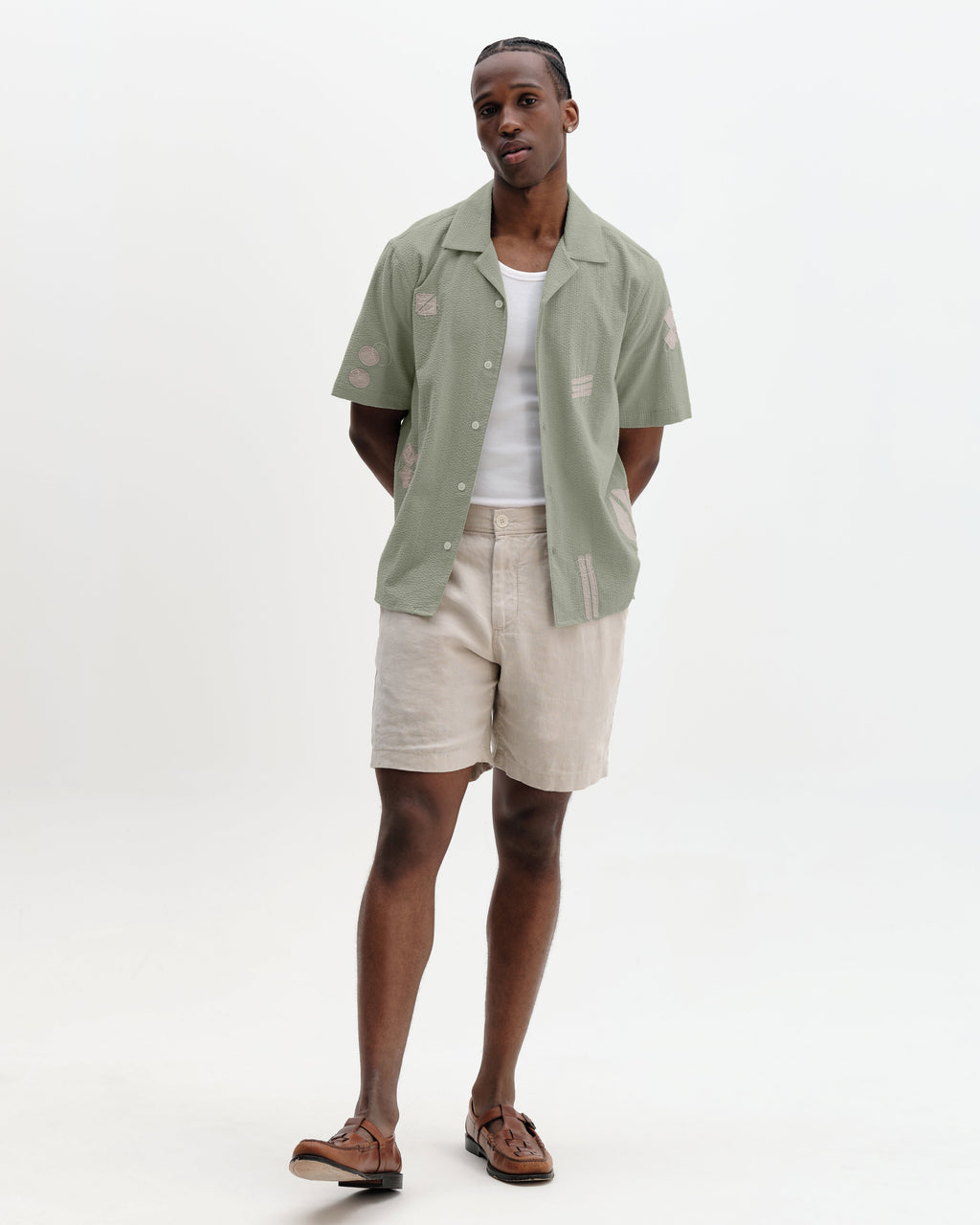 Didcot - Sage And Ecru Scribble Applique Short-Sleeve Shirt
