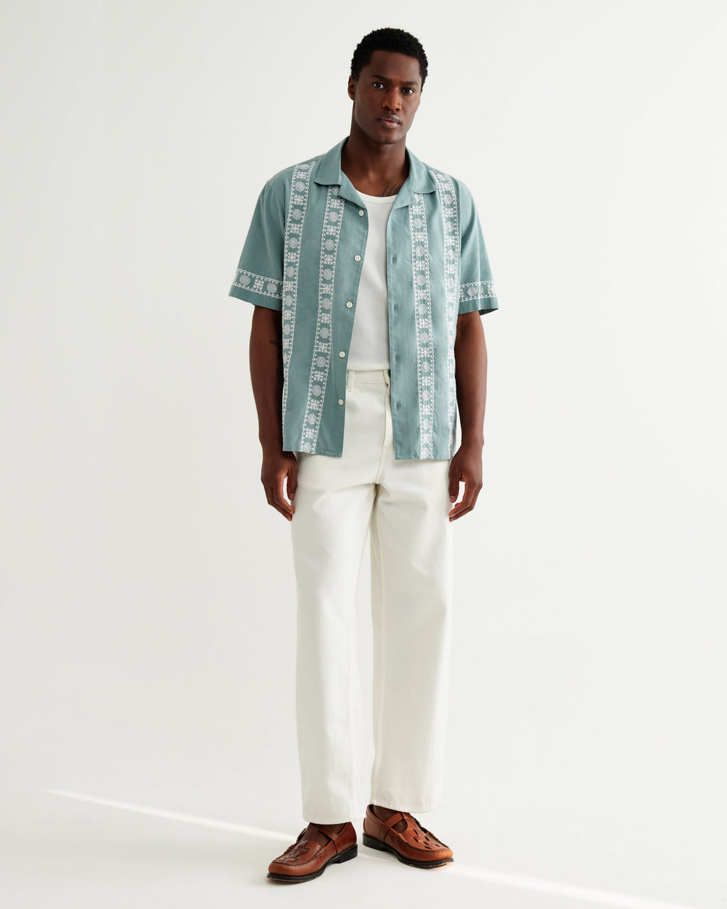 Didcot - Sea Green And Ecru Embroidered Short-Sleeve Shirt