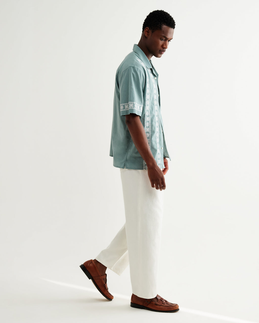 Didcot - Sea Green And Ecru Embroidered Short-Sleeve Shirt