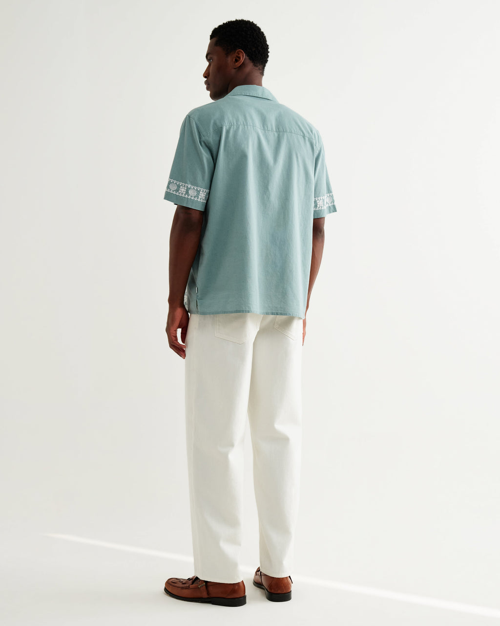 Didcot - Sea Green And Ecru Embroidered Short-Sleeve Shirt