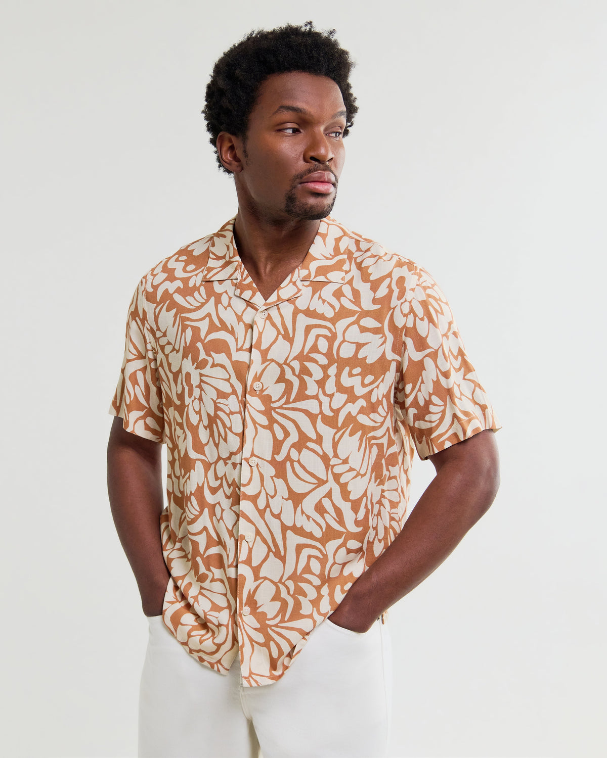 Didcot - Tan And Beige Floral Viscose Short-Sleeve Shirt