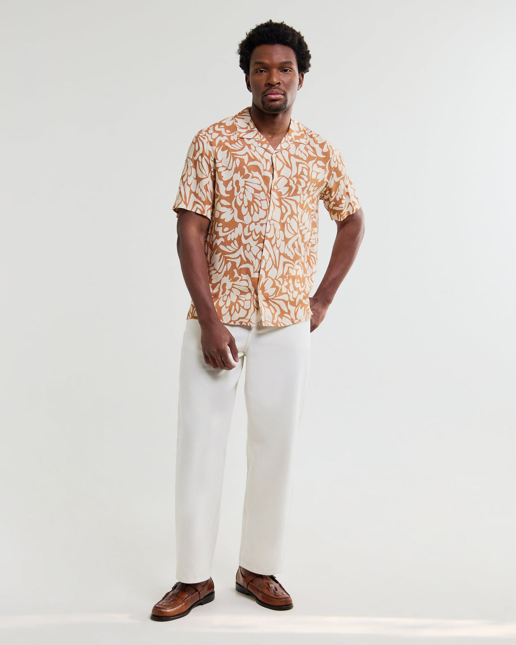 Didcot - Tan And Beige Floral Viscose Short-Sleeve Shirt