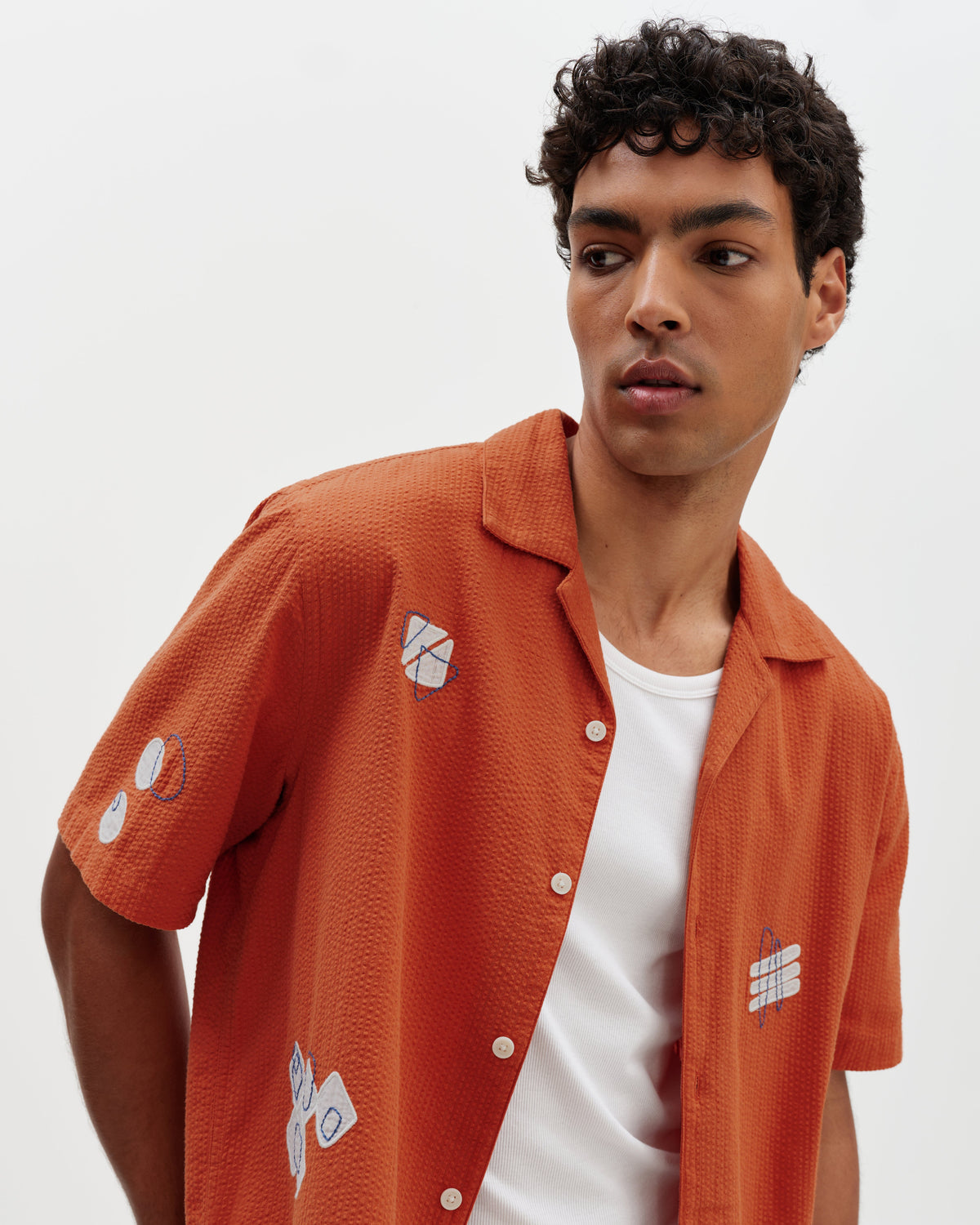 Didcot - Terracotta And Ecru Scribble Applique Short-Sleeve Shirt