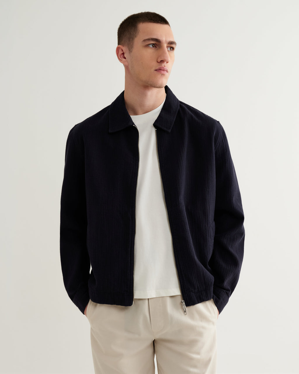 Eldon - Navy Crinkle Cotton-Linen Jacket