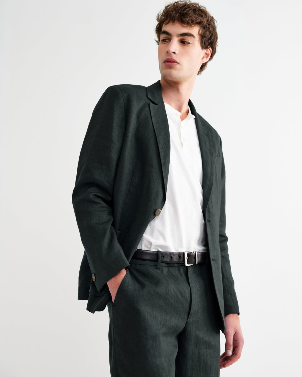Fintry - Dark Green Linen Single-Breasted Blazer