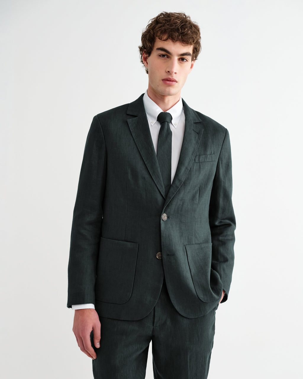 Fintry - Dark Green Linen Single-Breasted Blazer