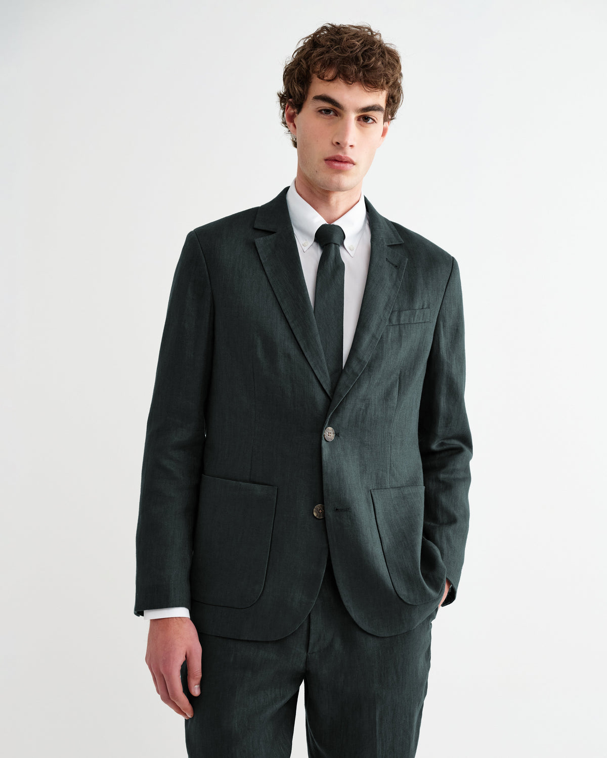 Fintry - Dark Green Linen Single-Breasted Blazer