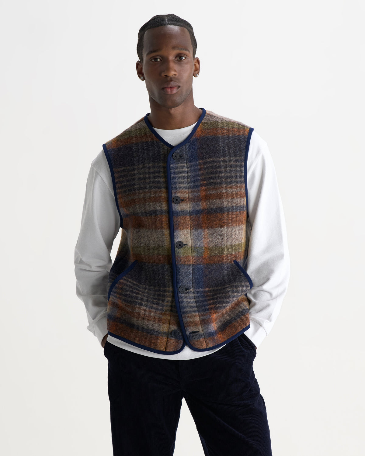 Gower - Oatmeal And Multicolour Check Wool Gilet