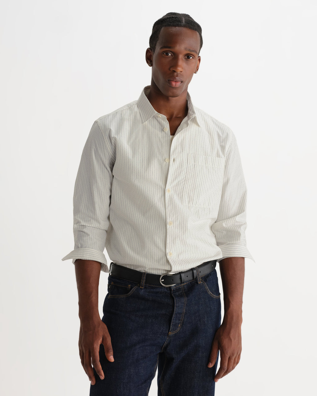 Halcomb - Ecru And Blue Broken Stripe Cotton Shirt