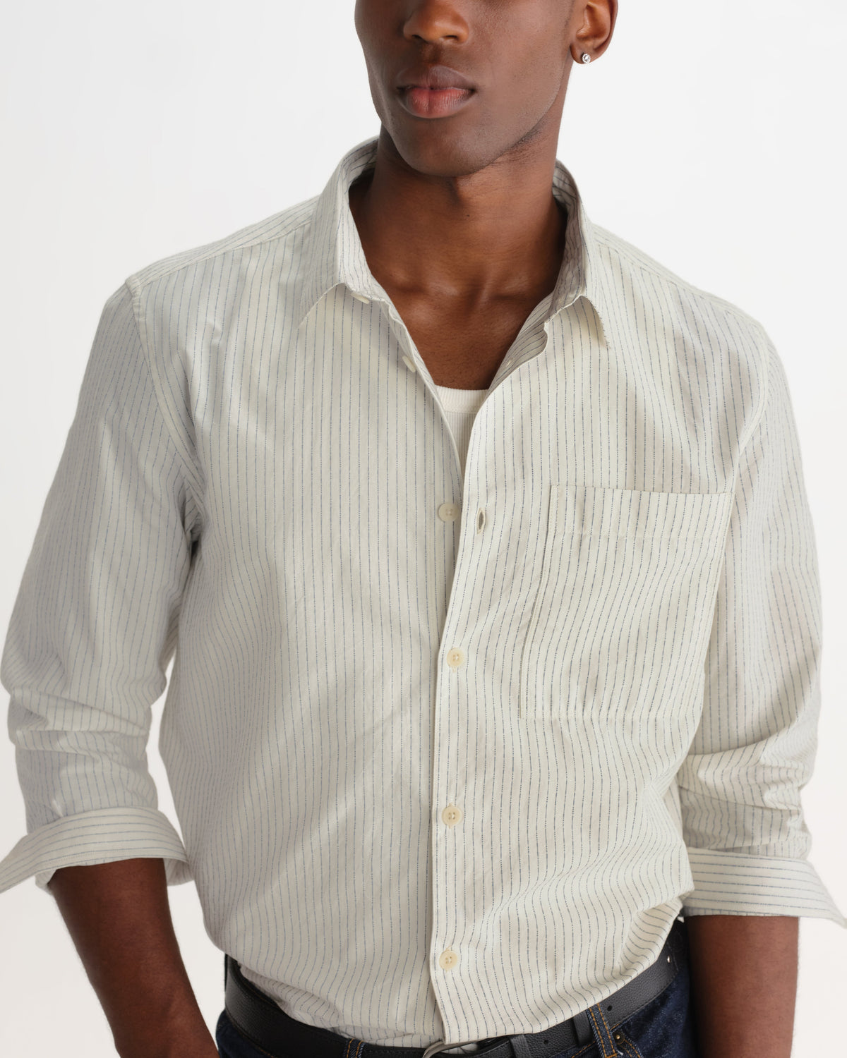 Halcomb - Ecru And Blue Broken Stripe Cotton Shirt