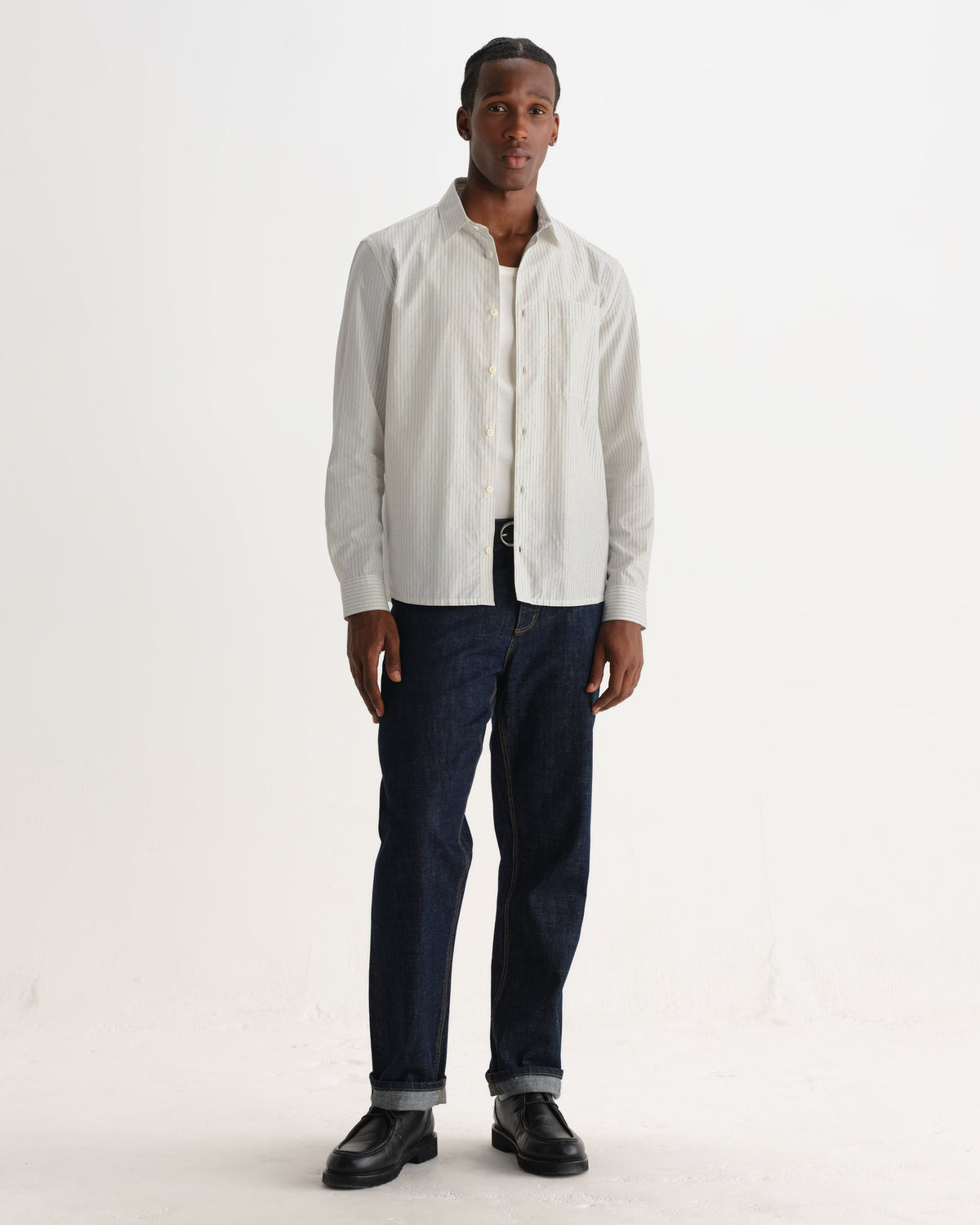 Halcomb - Ecru And Blue Broken Stripe Cotton Shirt