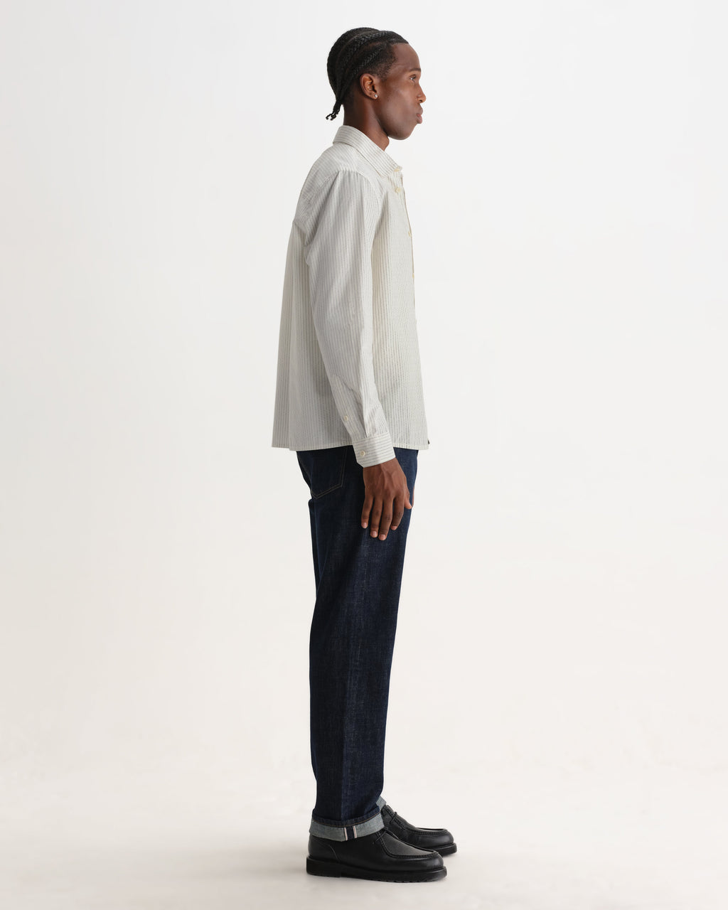 Halcomb - Ecru And Blue Broken Stripe Cotton Shirt