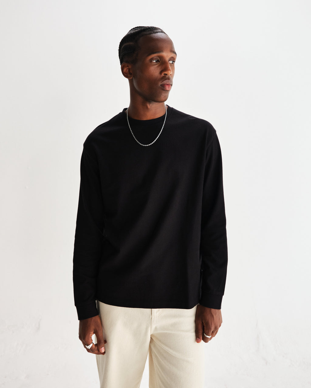 Hayden - Black Textured Organic Cotton Long Sleeve T-Shirt