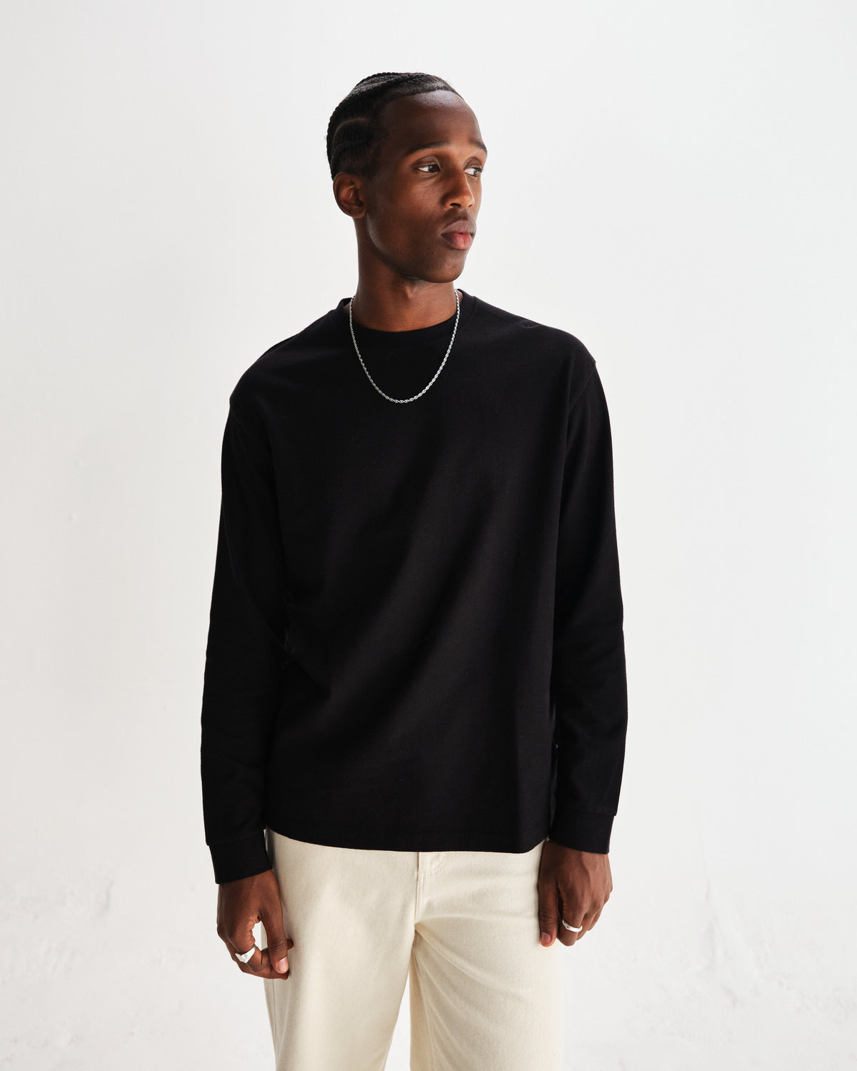 Hayden - Black Textured Organic Cotton Long Sleeve T-Shirt