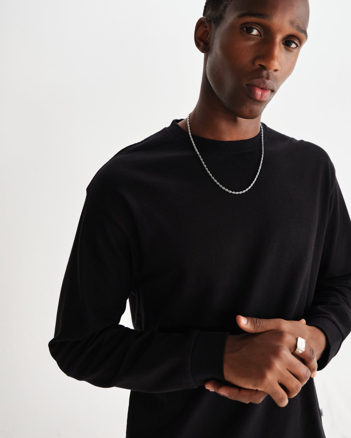 Hayden - Black Textured Organic Cotton Long Sleeve T-Shirt