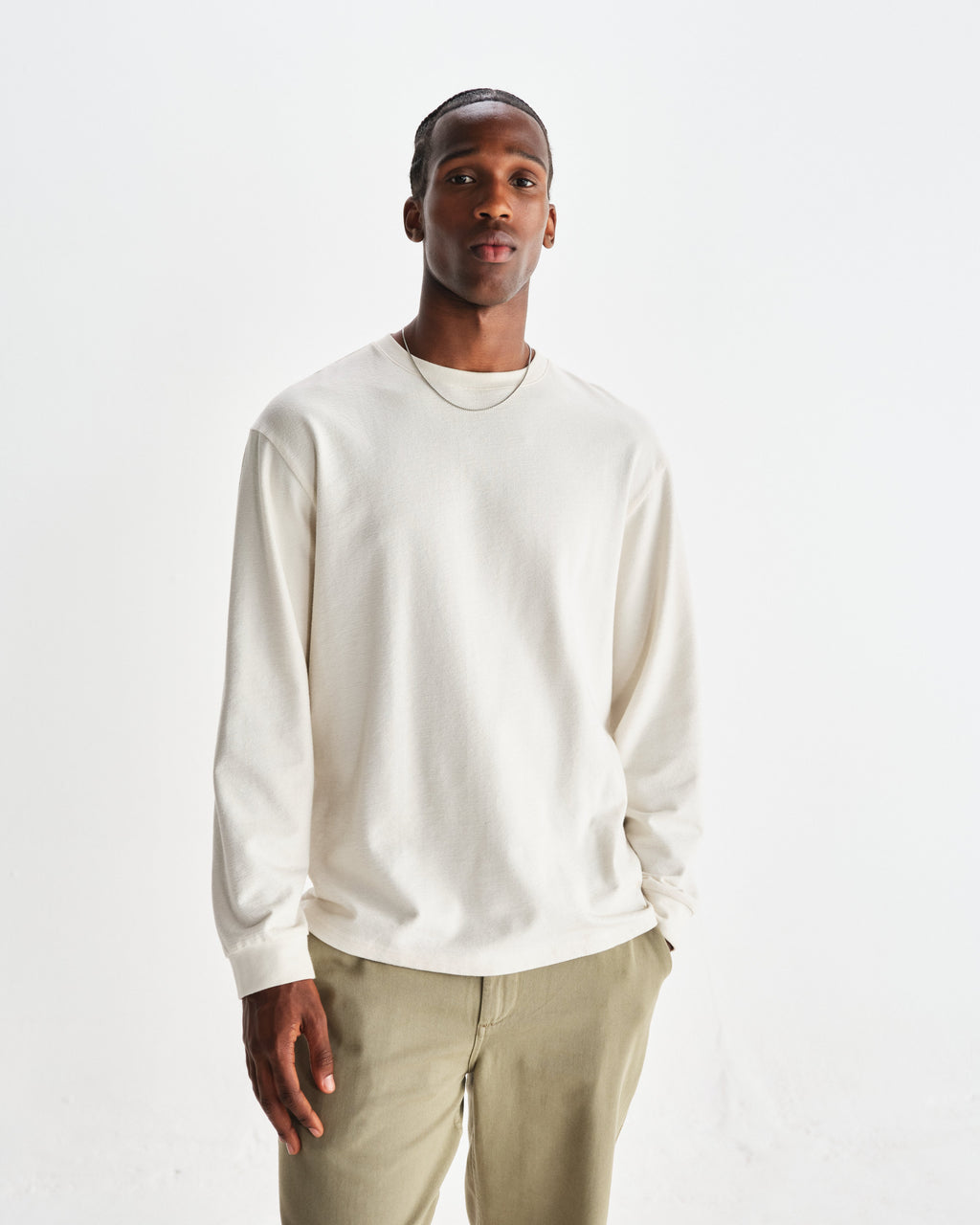 Hayden - Ecru Textured Organic Cotton Long Sleeve T-Shirt
