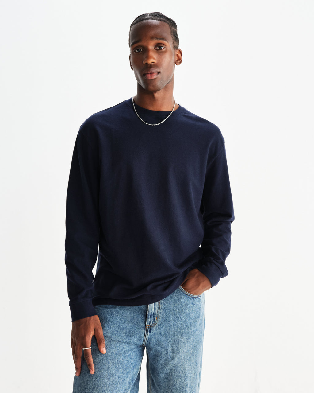 Hayden - Navy Textured Organic Cotton Long Sleeve T-Shirt