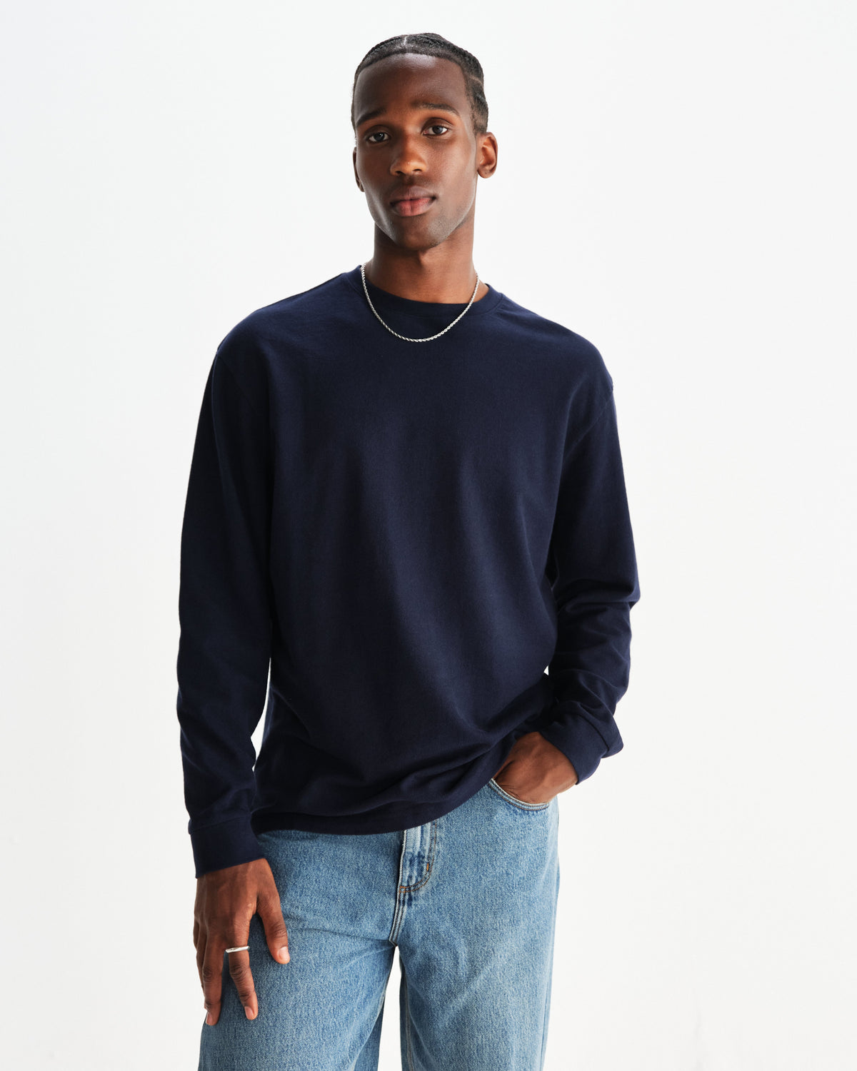 Hayden - Navy Textured Organic Cotton Long Sleeve T-Shirt