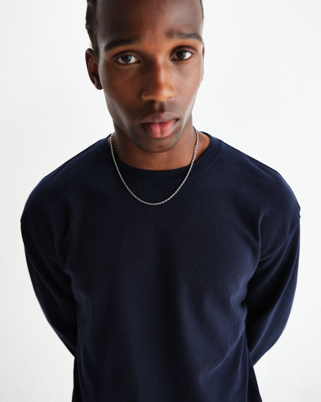 Hayden - Navy Textured Organic Cotton Long Sleeve T-Shirt