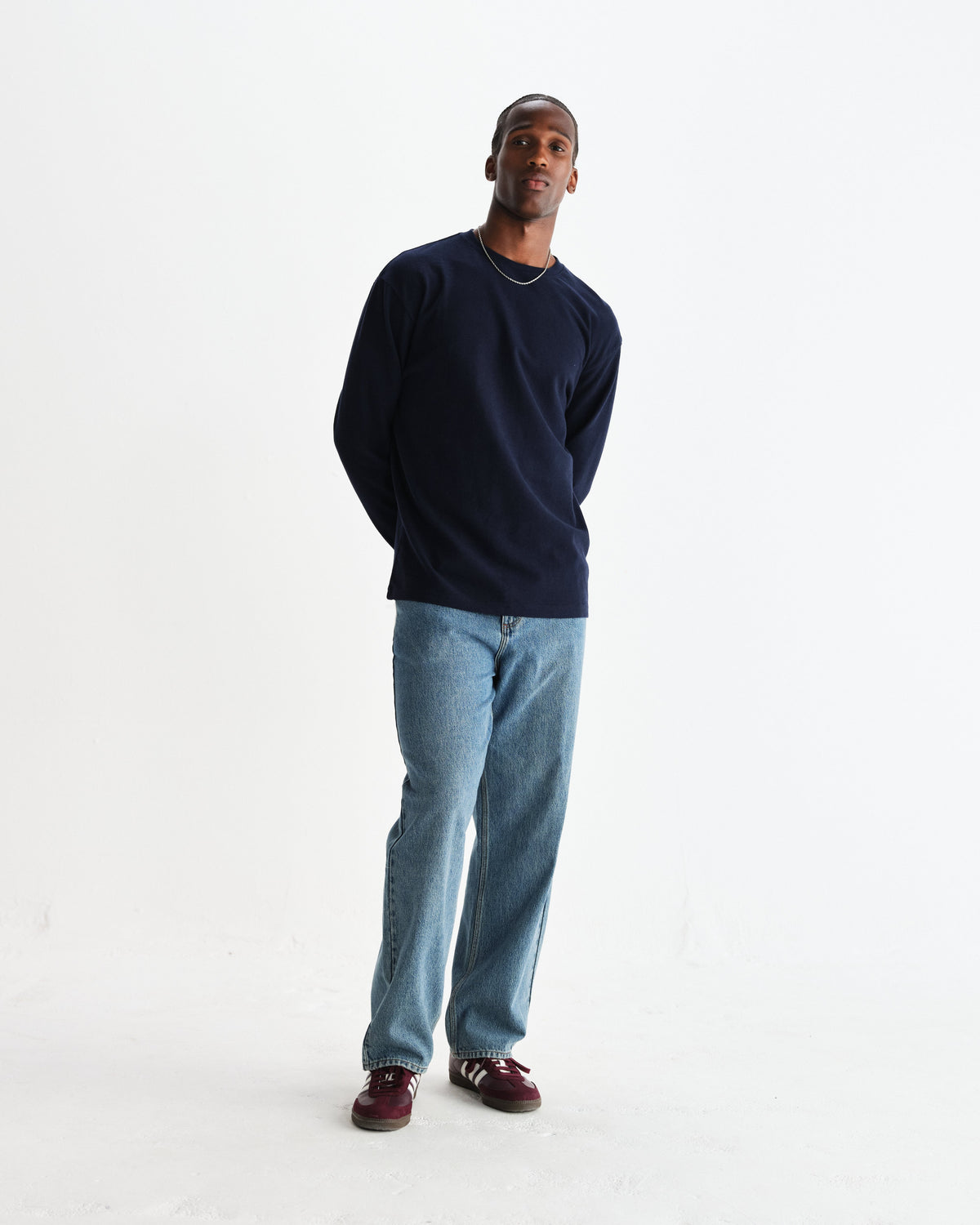 Hayden - Navy Textured Organic Cotton Long Sleeve T-Shirt