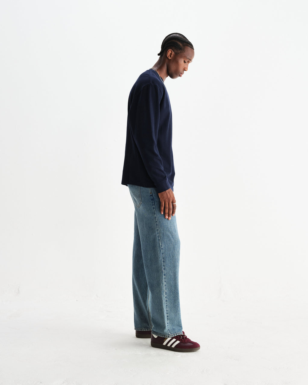 Hayden - Navy Textured Organic Cotton Long Sleeve T-Shirt