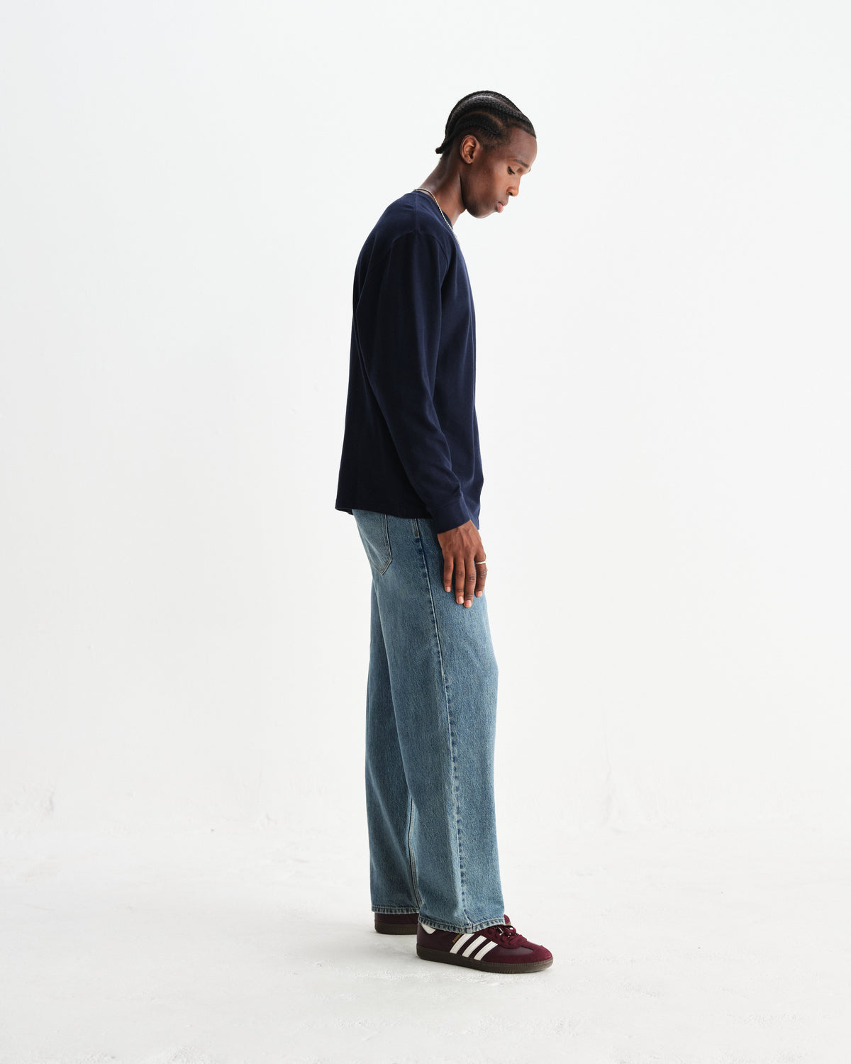 Hayden - Navy Textured Organic Cotton Long Sleeve T-Shirt