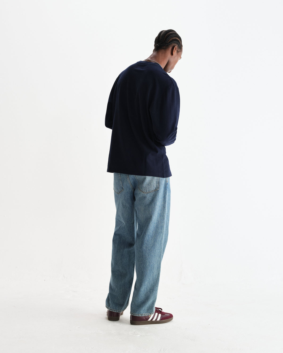 Hayden - Navy Textured Organic Cotton Long Sleeve T-Shirt