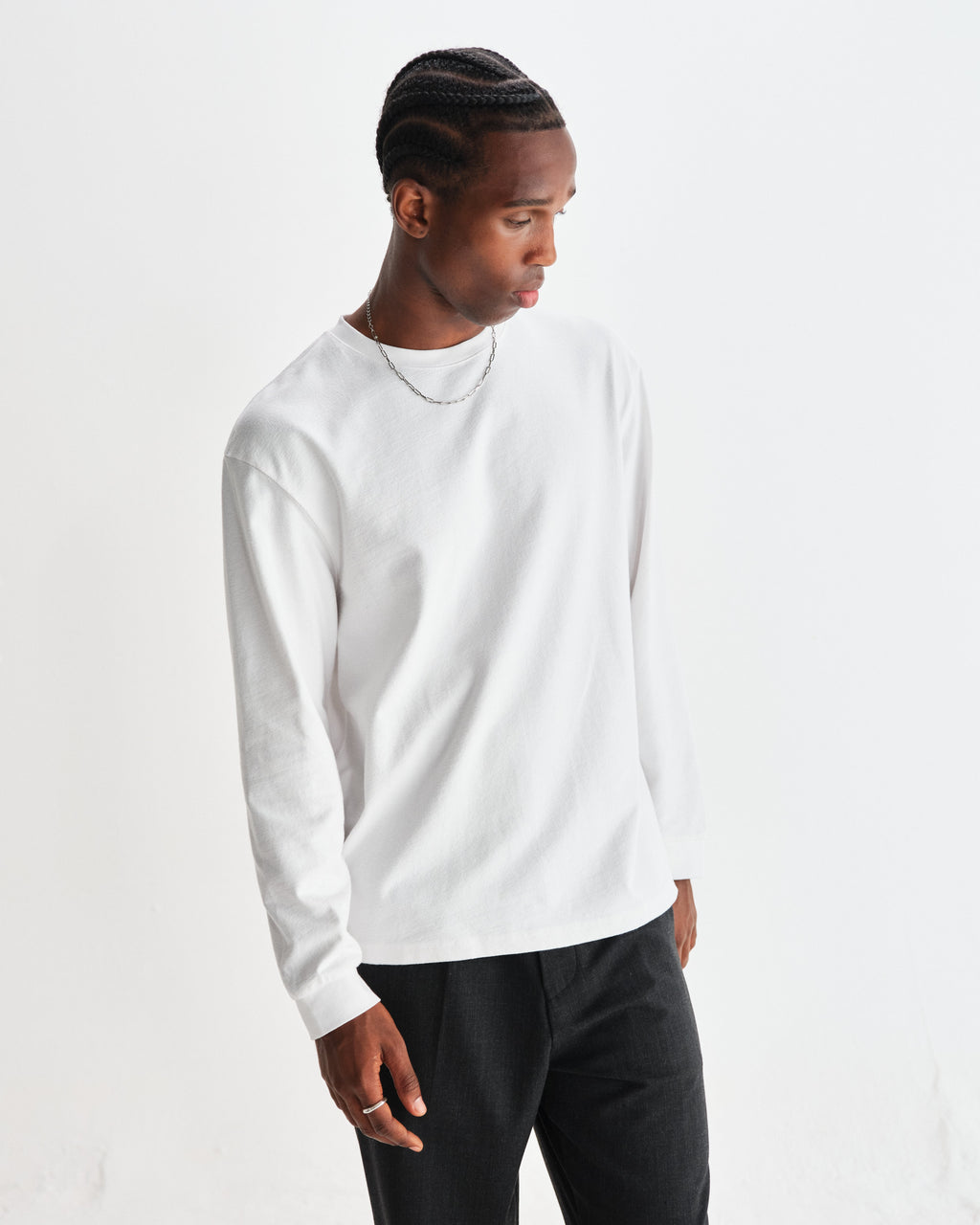 Hayden - White Textured Organic Cotton Long Sleeve T-Shirt