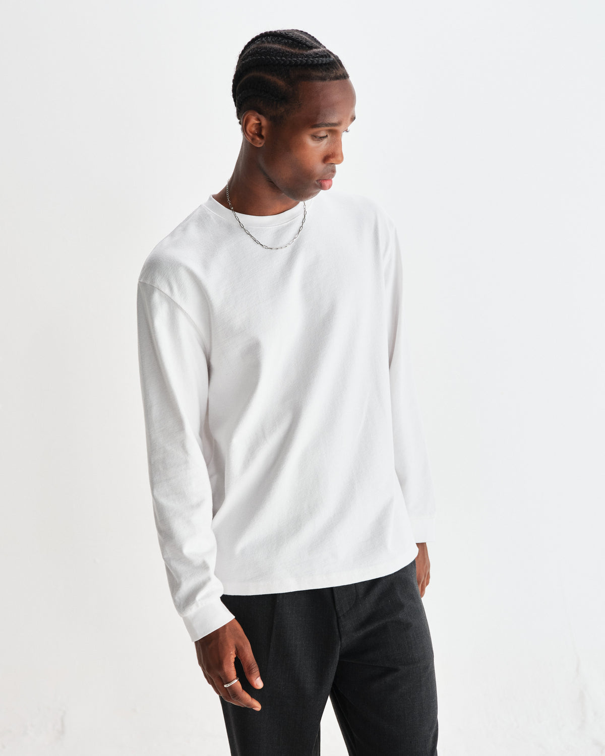 Hayden - White Textured Organic Cotton Long Sleeve T-Shirt