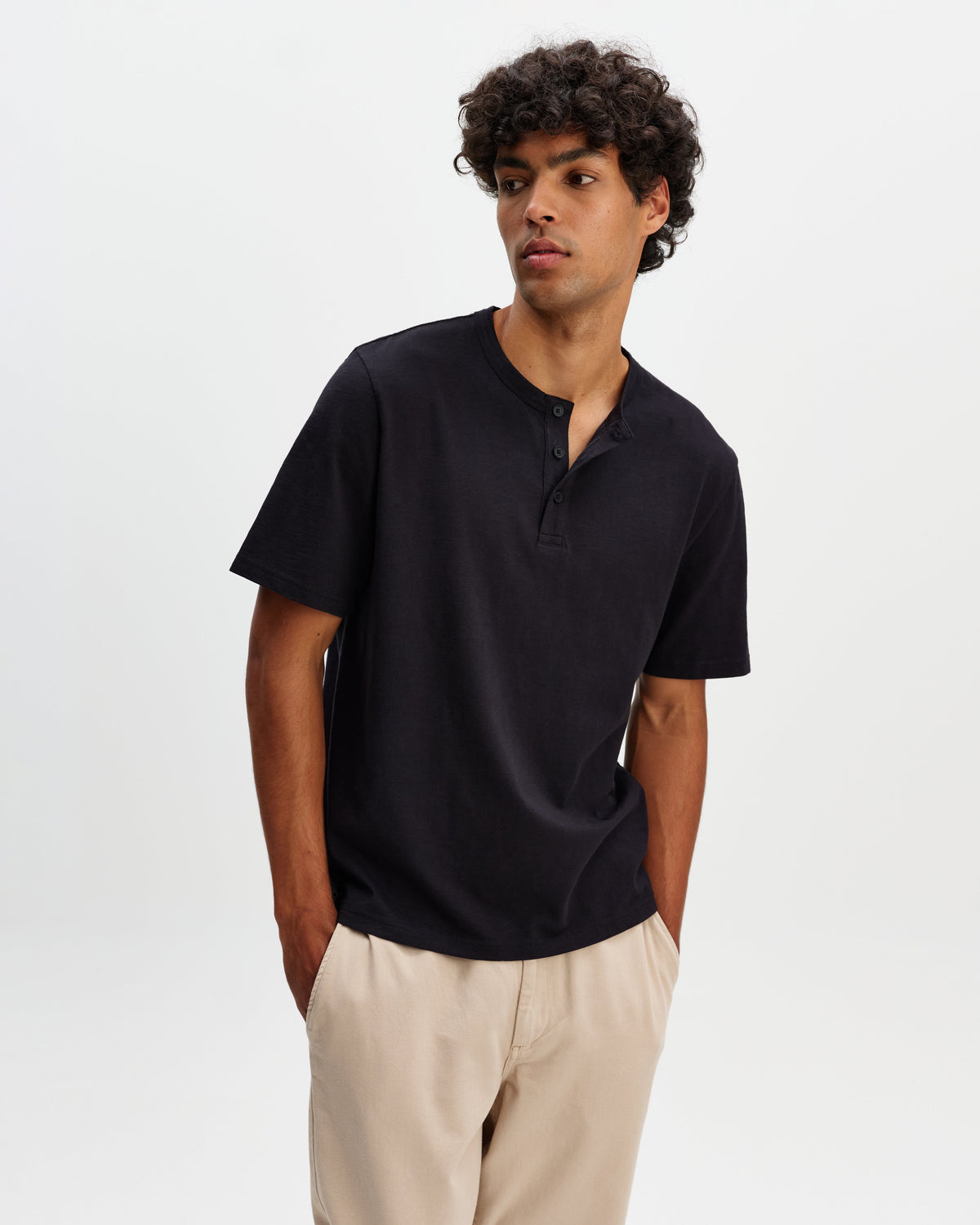 Hill - Black Slub Organic Cotton Henley T-Shirt