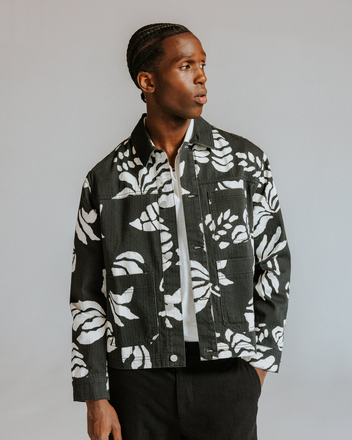Jay - Black And Ecru Printed Cotton Chore Jacket