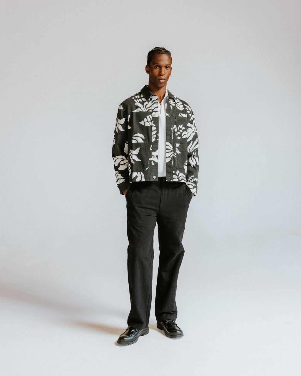 Jay - Black And Ecru Printed Cotton Chore Jacket