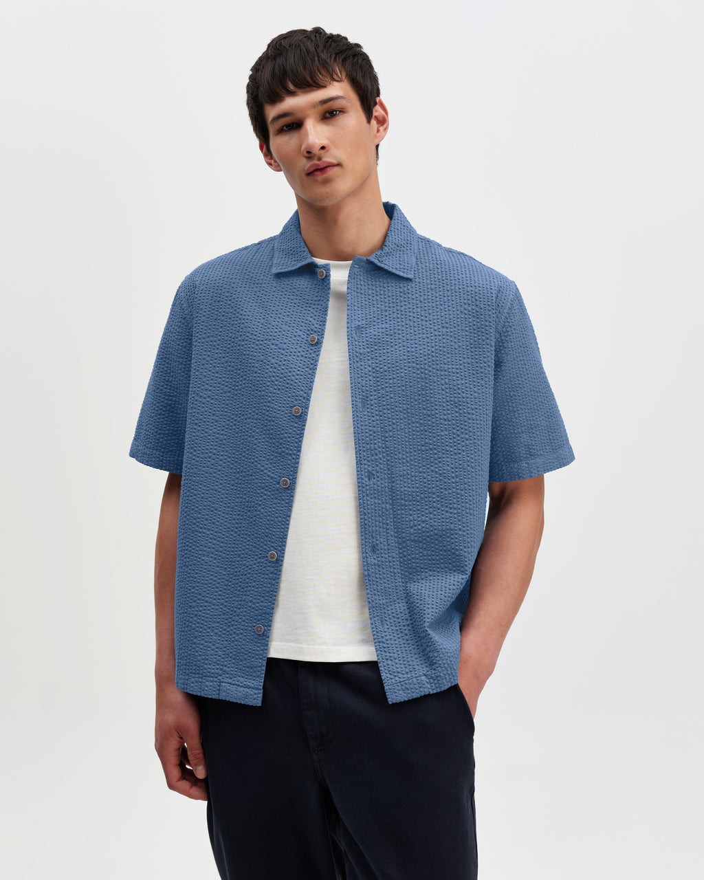Keats - Blue Cotton Seersucker Short-Sleeve Shirt