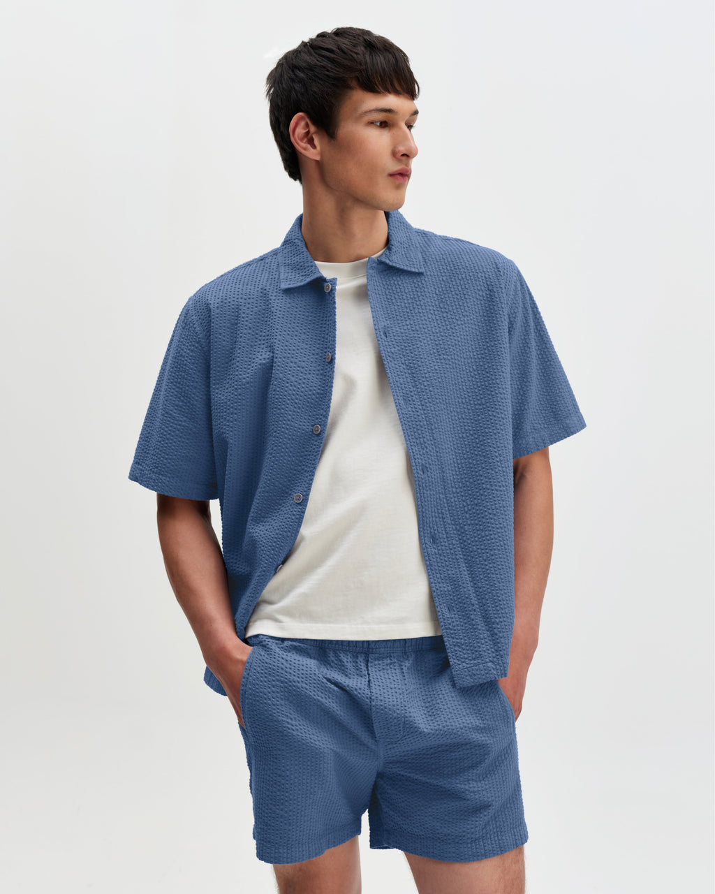 Keats - Blue Cotton Seersucker Short-Sleeve Shirt