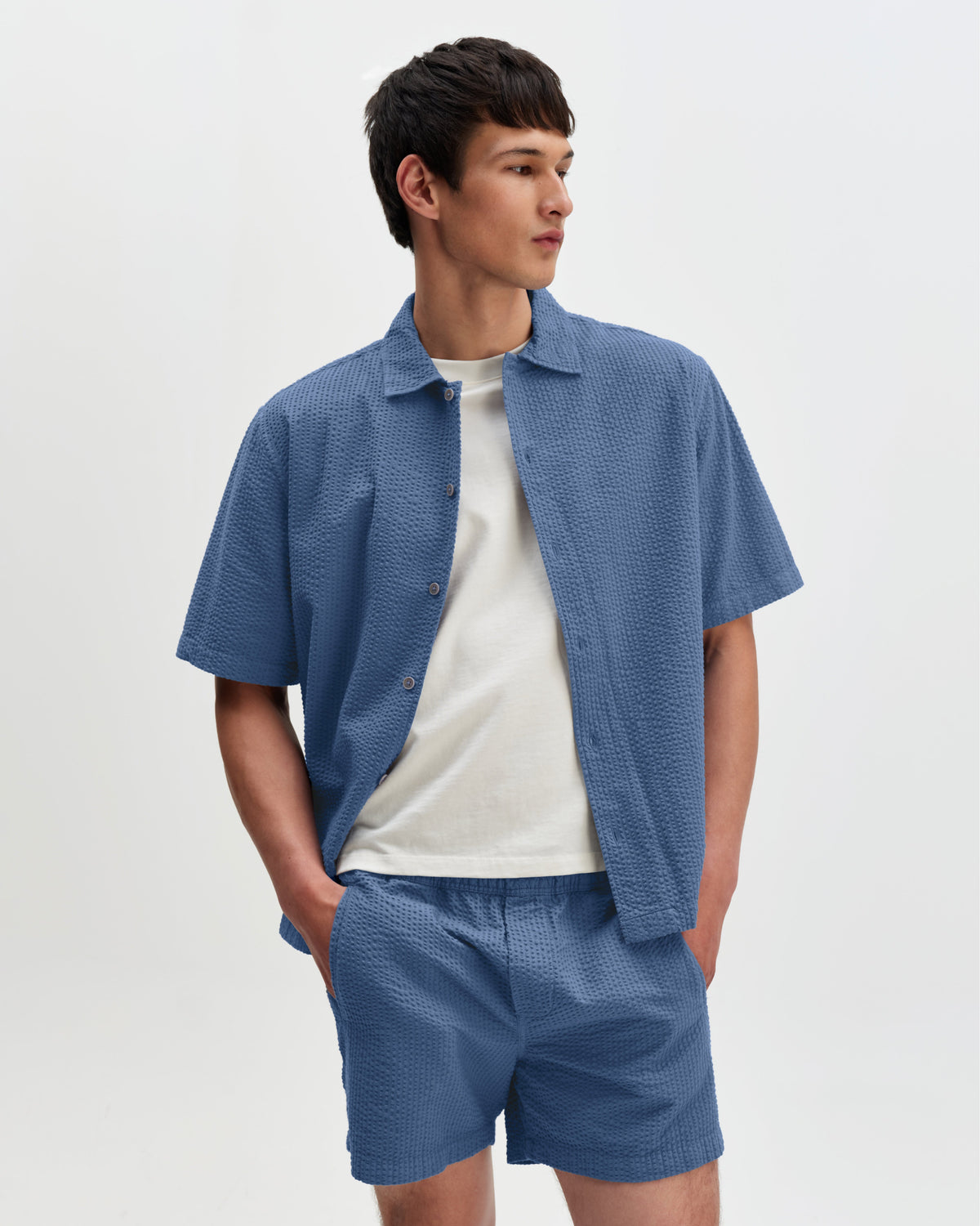 Keats - Blue Cotton Seersucker Short-Sleeve Shirt