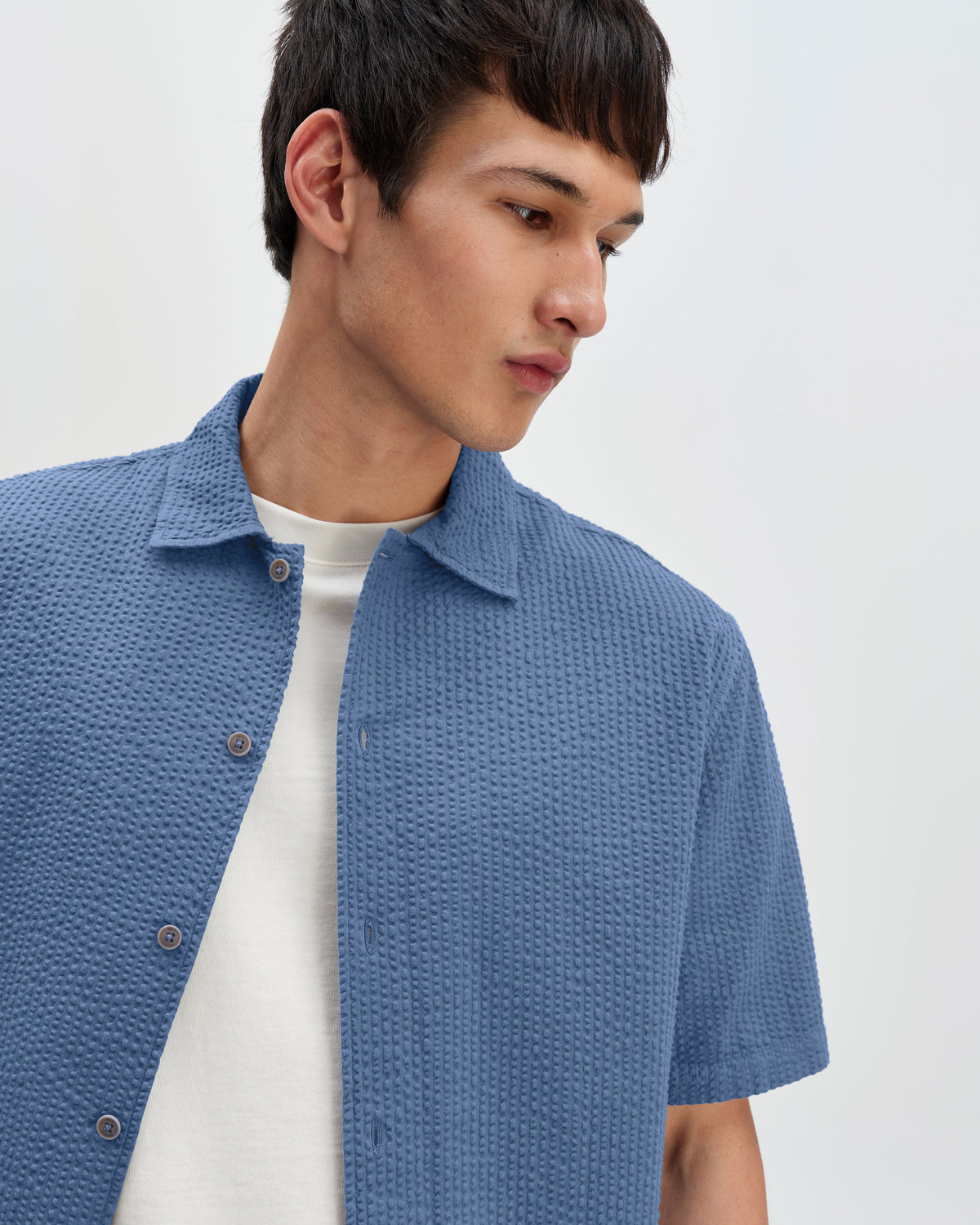 Keats - Blue Cotton Seersucker Short-Sleeve Shirt