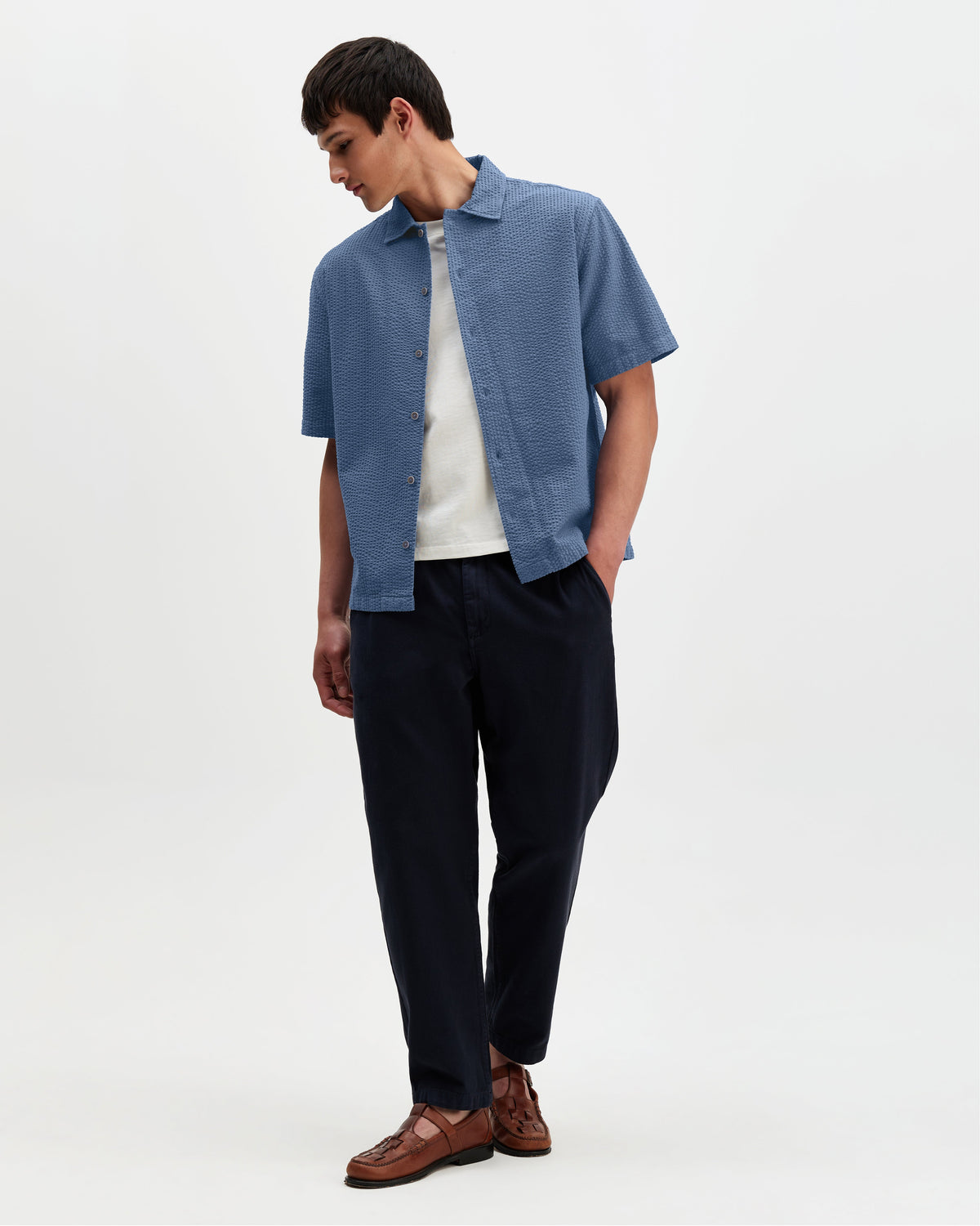 Keats - Blue Cotton Seersucker Short-Sleeve Shirt