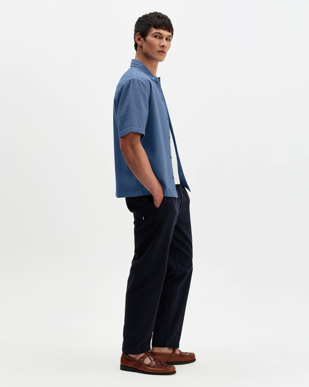 Keats - Blue Cotton Seersucker Short-Sleeve Shirt