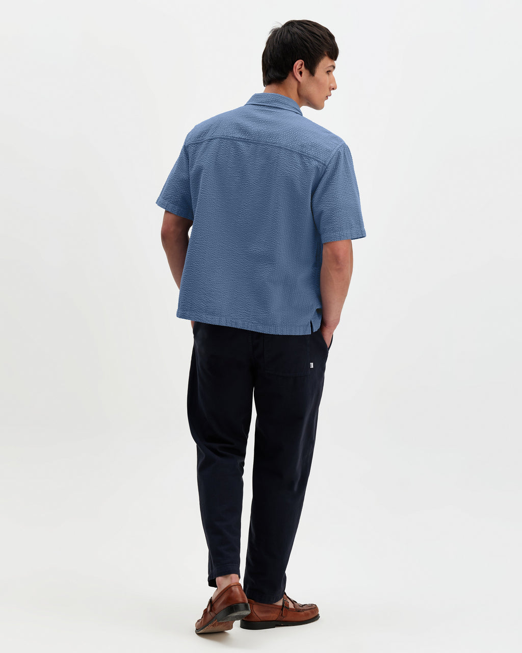 Keats - Blue Cotton Seersucker Short-Sleeve Shirt