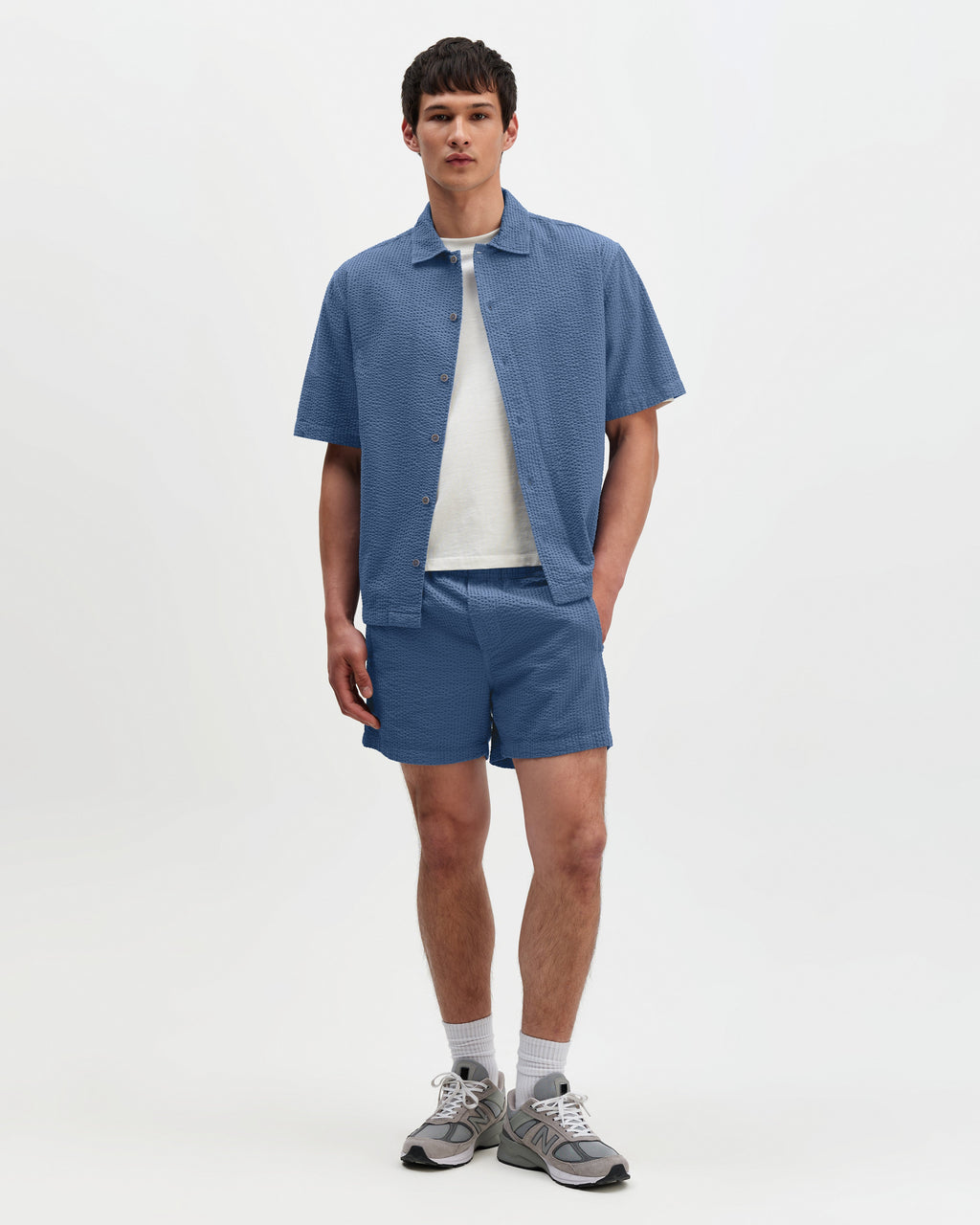 Keats - Blue Cotton Seersucker Short-Sleeve Shirt