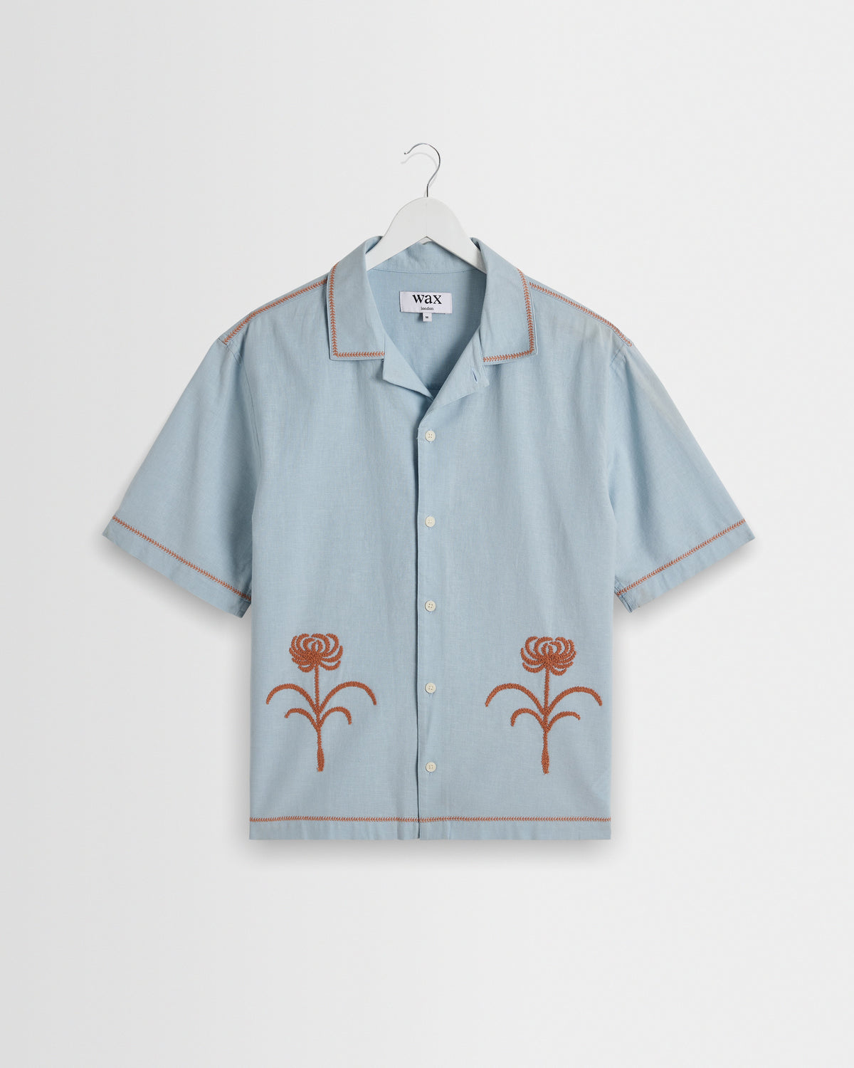 Keats - Light Blue And Rust Embroidered Short-Sleeve Shirt