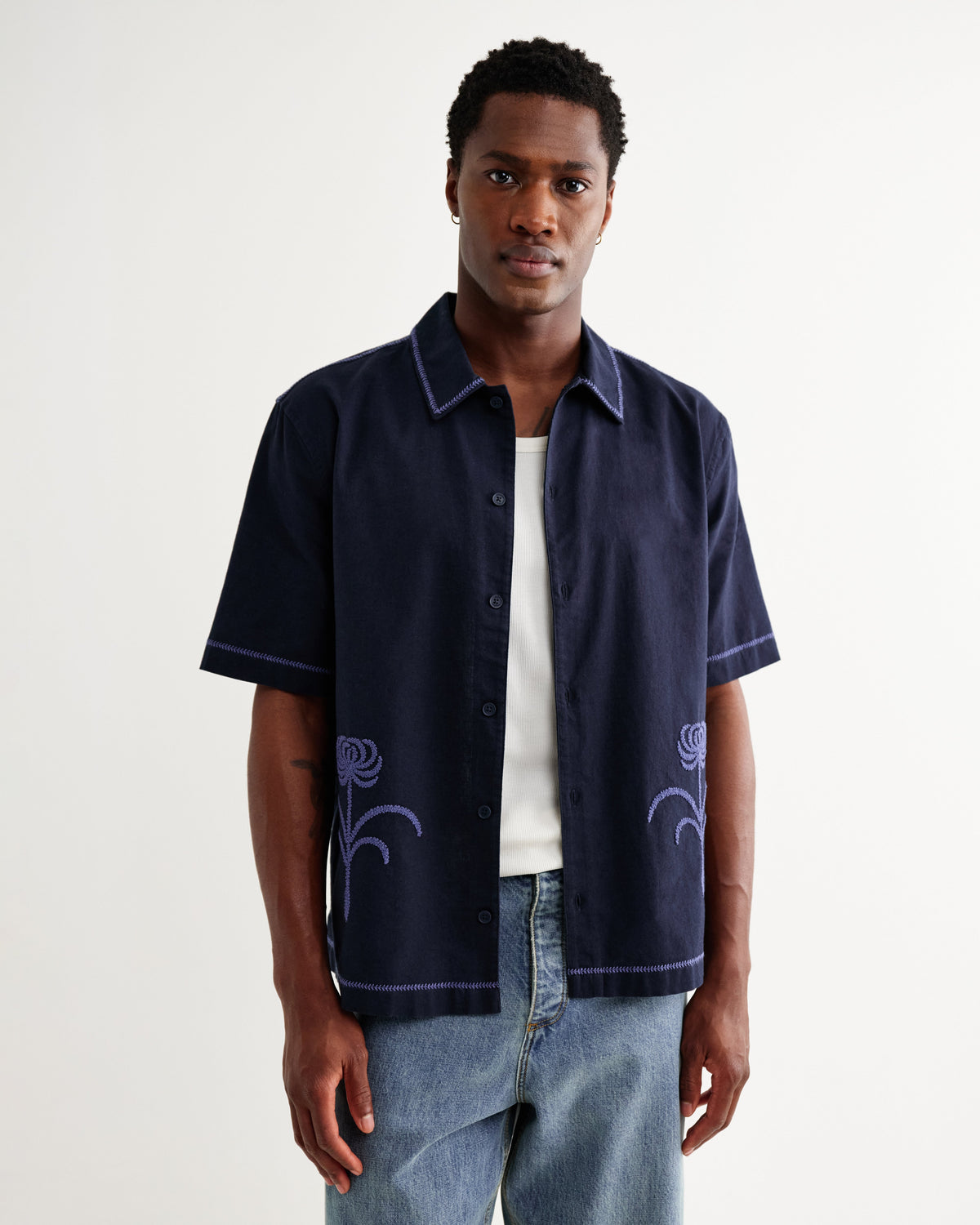 Keats - Navy And Blue Embroidered Short-Sleeve Shirt