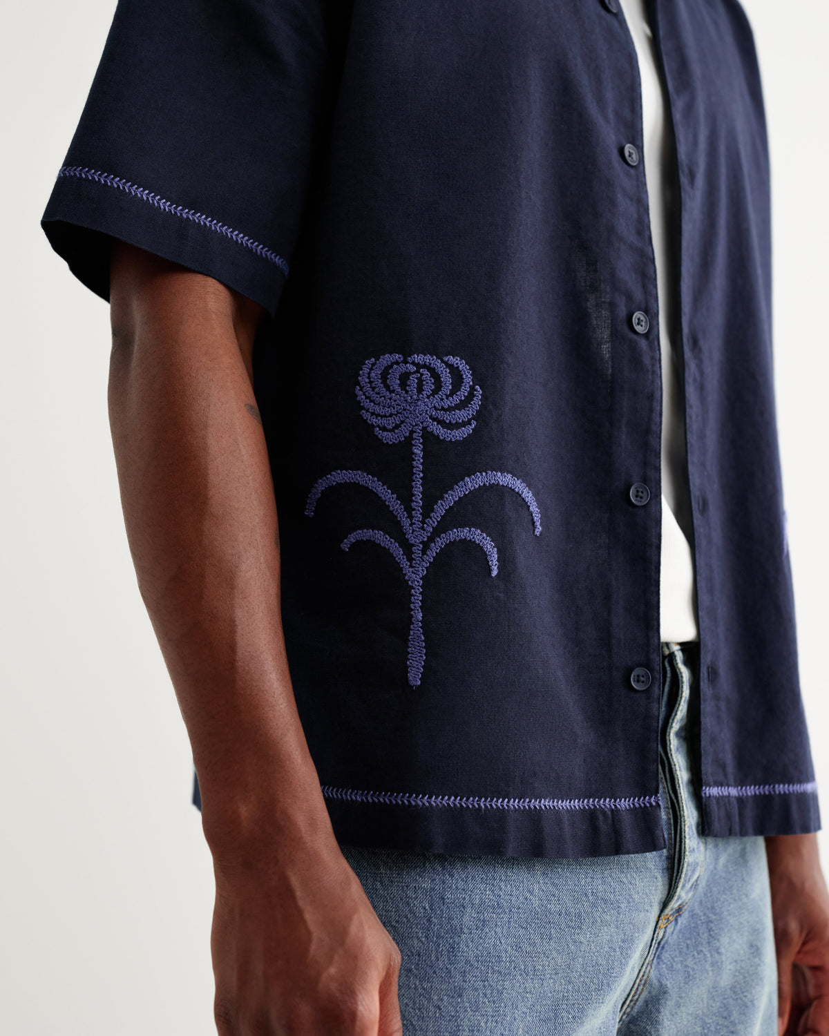 Keats - Navy And Blue Embroidered Short-Sleeve Shirt