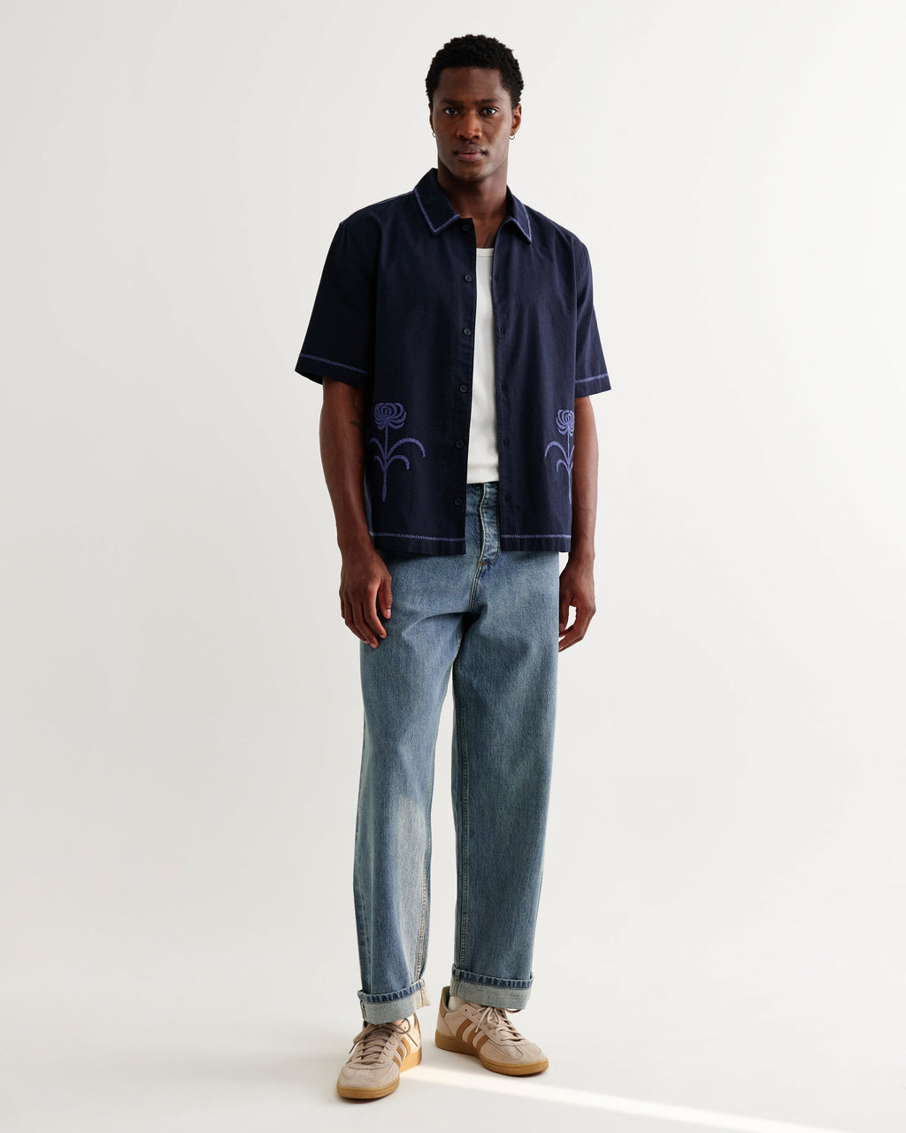 Keats - Navy And Blue Embroidered Short-Sleeve Shirt