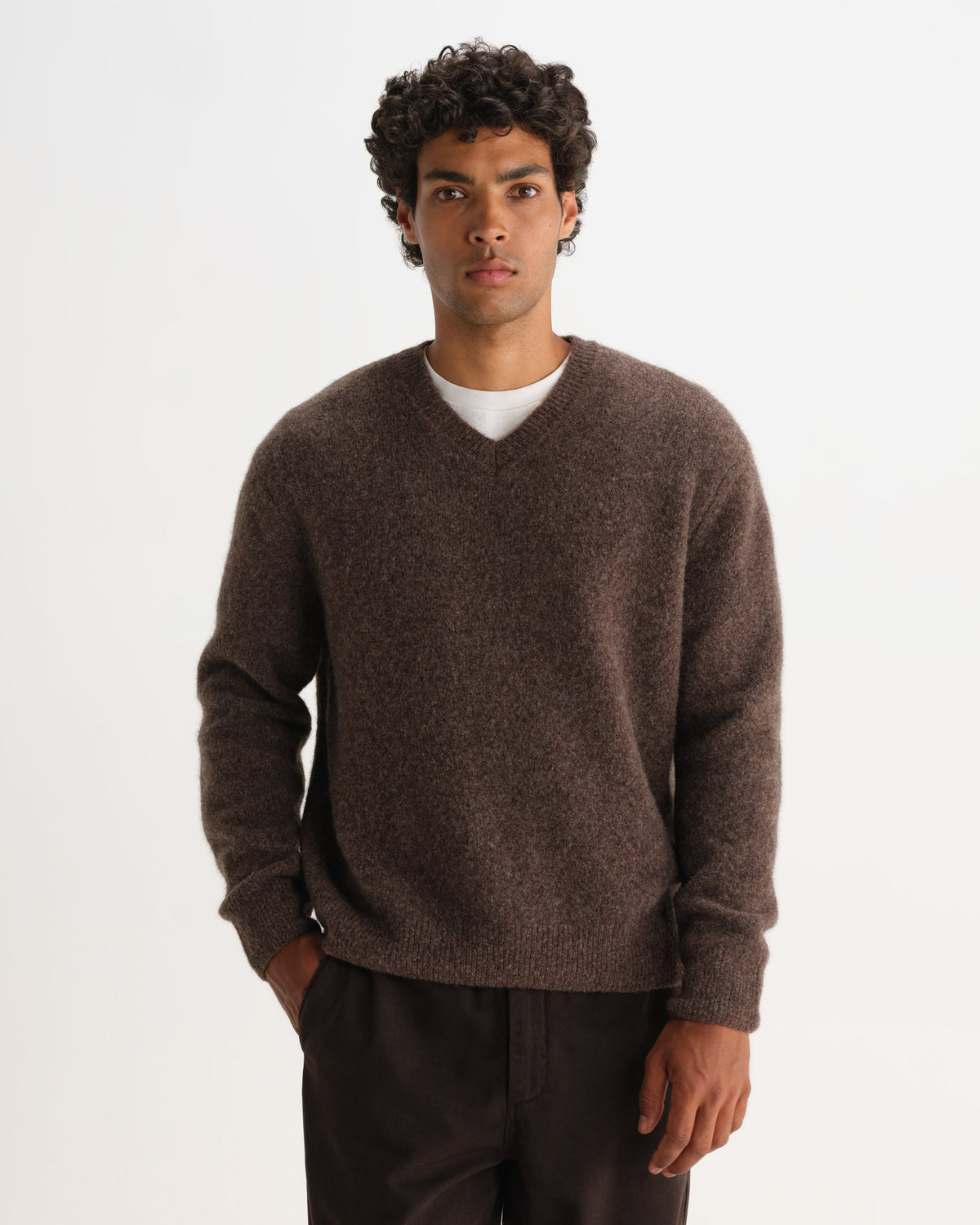 Kemp - Brown Brushed Fluffy V-Neck Jumper