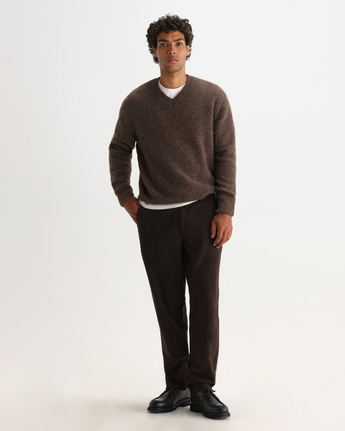 Kemp - Brown Brushed Fluffy V-Neck Jumper