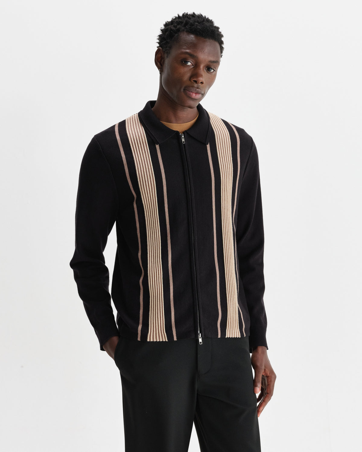 Lennox - Black And Beige Milano Stripe Knitted Polo