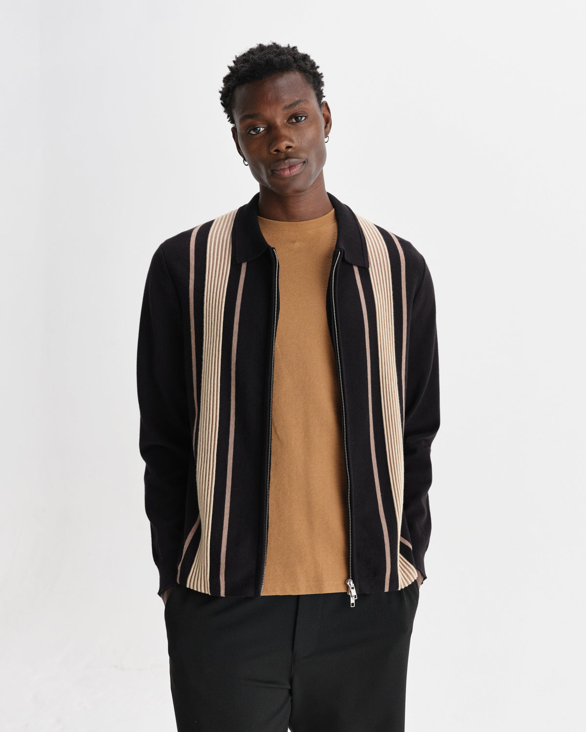 Lennox - Black And Beige Milano Stripe Knitted Polo