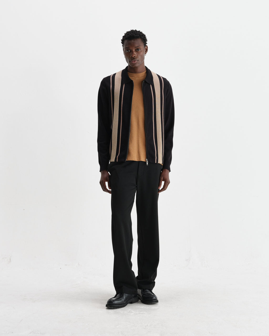 Lennox - Black And Beige Milano Stripe Knitted Polo